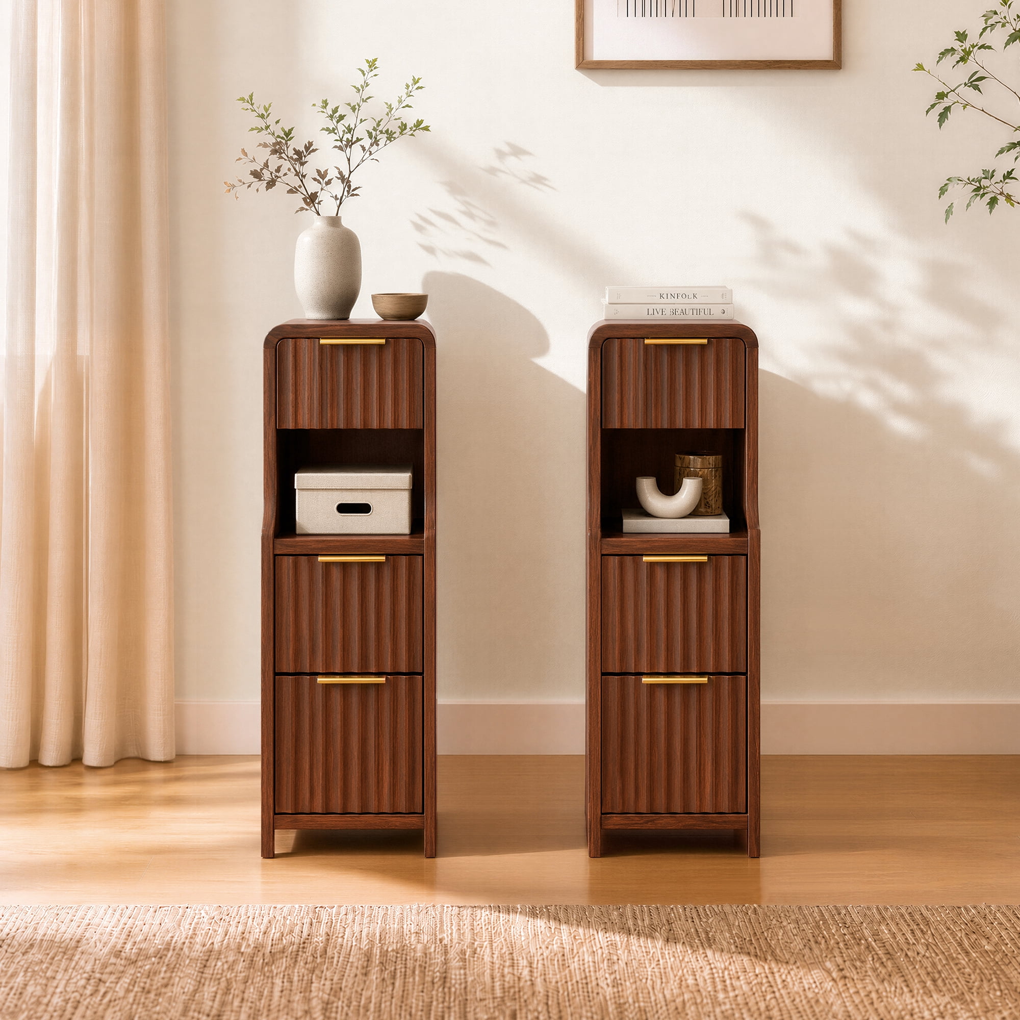 Spruce & Spring Mid-Century Modern Narrow Nightstands Set of 2 with 3 Drawers & Open Shelf for Living Room, End Table for Small Spaces, Walnut