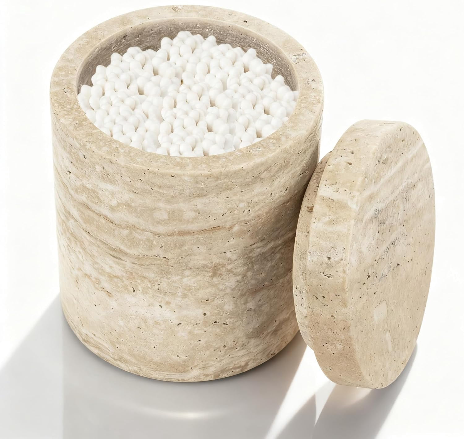Natural Marble Canister, Cotton Swab Holder with Lid, Marble Toothbrush Holder Qtip Holder Storage for Cotton Swab, Floss Picks, Makeup Pad, Bath Salt, Beige