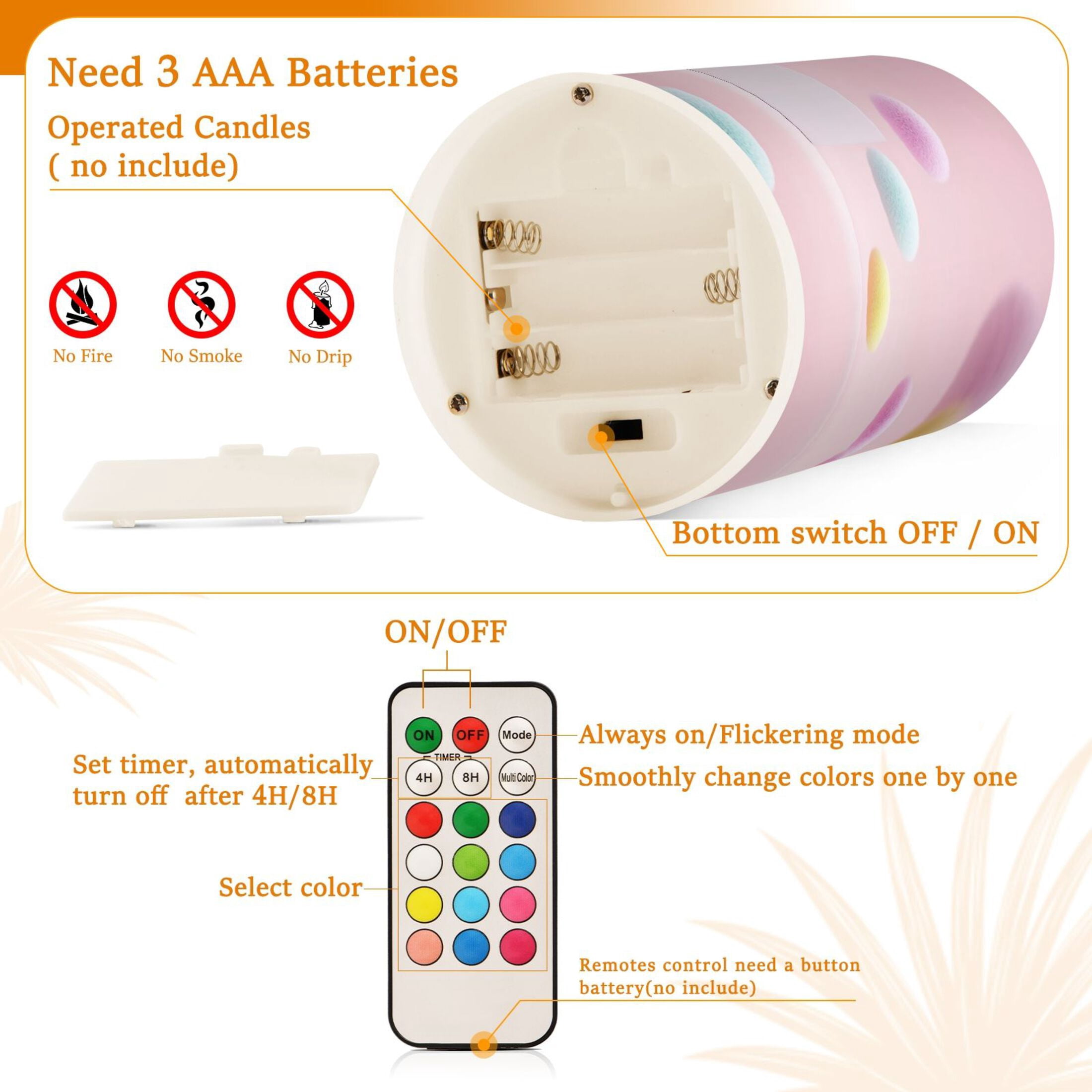 Flameless Candles Lights, Pack of two LED Lights, Dimmable LED Pillar Candles Battery Operated, Flames Remote Control Colored Balls