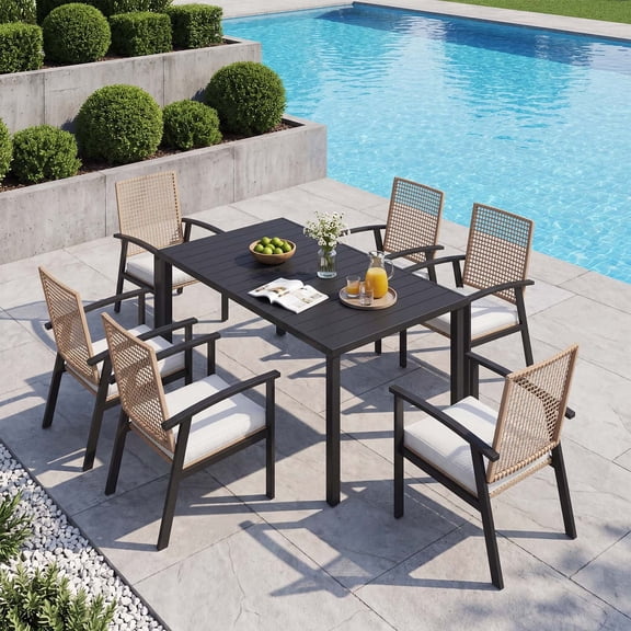 Clouddwell 7-Piece Outdoor Patio Dining Set, Wicker Chairs & Metal Table with Umbrella Hole, Patio Furniture Set for 6, with Soft Cushions for Backyard Garden