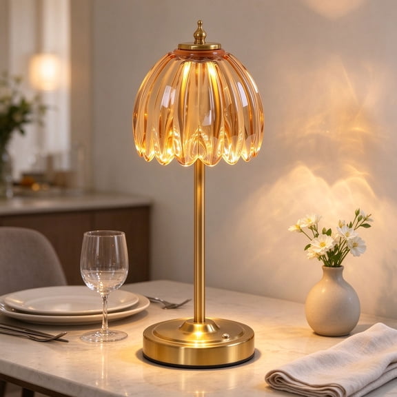 Rechargeable Cordless Table Lamp, Amber Glass Tulip LED Desk Lamp with Touch Control Dimmable 3 Color Temperatures, Portable Wireless Nightstand Light for Bedroom Living Room Decor