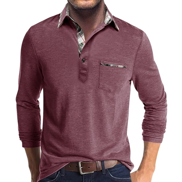 Men's Spring And Autumn Solid Color T-shirt Lapel 3 Button Open Placket Button Long Sleeved Top M