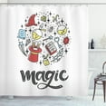 thumbnail image 1 of Magician Shower Curtain, Magic Lettering with Round Shaped Doodle, Fabric Bathroom Set with Hooks, 69W X 70L Inches, White Multicolor, by Ambesonne, 1 of 2