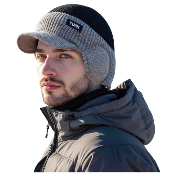 Men's Winter Knitted Earflap Hat, Winter Beanie with Brim and Ear Flaps, Outdoor Warm Fleece Lined Hat Stocking Caps