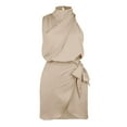 thumbnail image 3 of Robes d'Été Satin Sans Manches Dos Nu Col Roulé Ceinture Enveloppante Cocktail Grande Taille Robe A m, 3 of 3