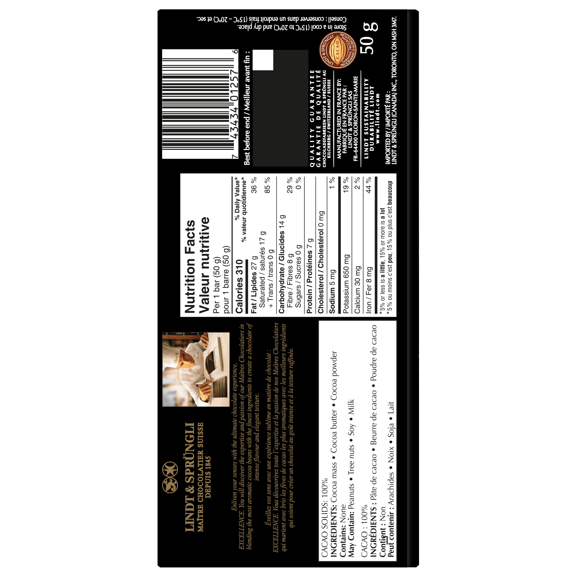 Chocolat noir Lindt EXCELLENCE à 100 % de cacao – Barre (50 g) Contient du cacao pur à 100 %.