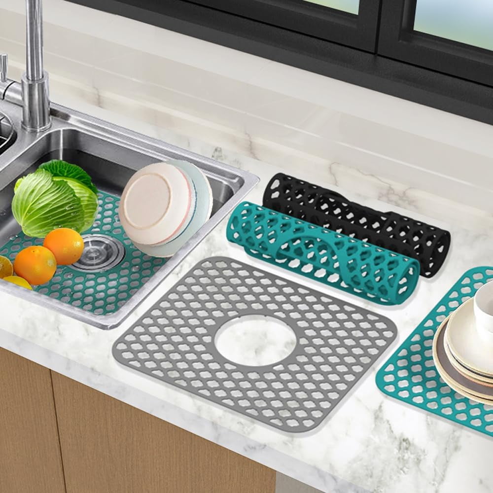 1PCS Kitchen Sink Mat, Anti Slip Silicone Drain Sink Protectors, Dishes Drying Mat Filter Mesh Grid Non-Slip Foldable for Bottom of Farmhouse Stainless Steel Porcelain Sink(Grey,Side Hole)