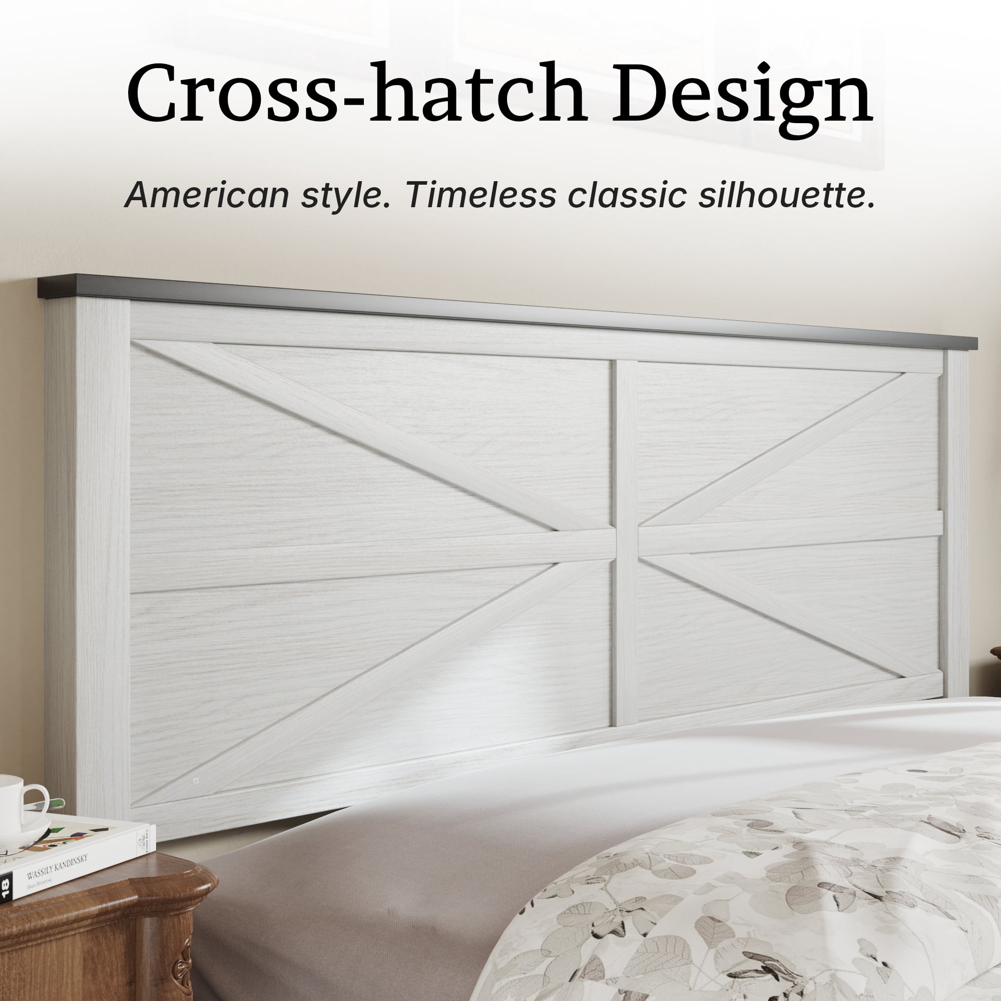 BSHTI Full Size Bed Frame with Wooden Headboard, Country and Farmhouse Style, White