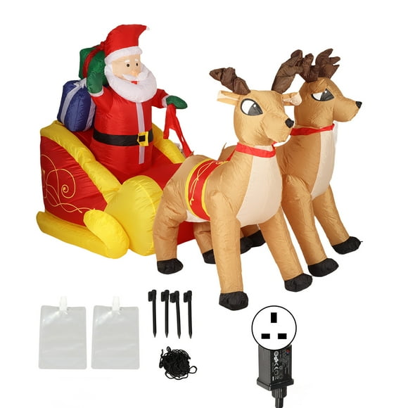 Inflatable Santa Sleigh Decoration Polyester Luminous with Powerful Fan Christmas Santa and Reindeer for Party UK Plug 100-240v