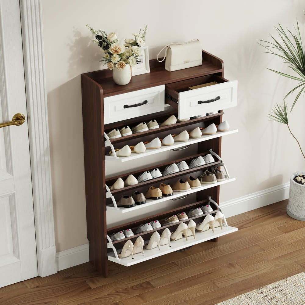 Barara King Shoe Cabinet with 3 Tilt-Out Drawers, Shoe Storage Cabinet with 2 Drawers and Ball Slide Rail for Entryway, Hallway, Living Room, Walnut+White