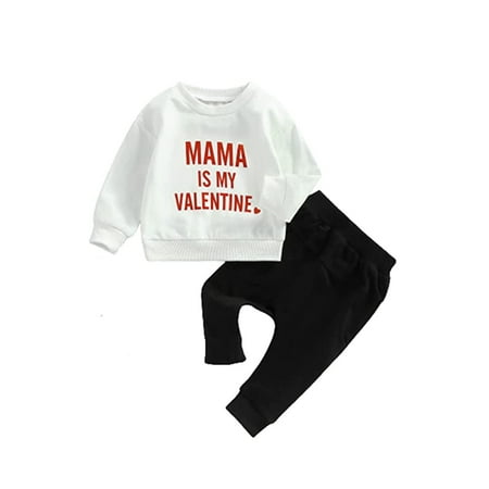 

EYIIYE Toddler Boys Valentine s Day 2pcs Outfits Letter Print Long Sleeve Pullover Sweatshirt and Solid Long Pants Set 0-3 Years