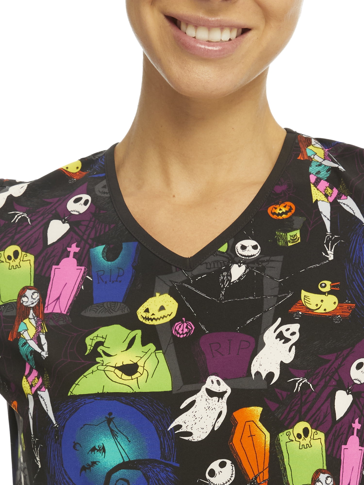Scrubstar Women's Disney Nightmare Before Christmas "Jack Attack" V-Neck Print Scrub Top