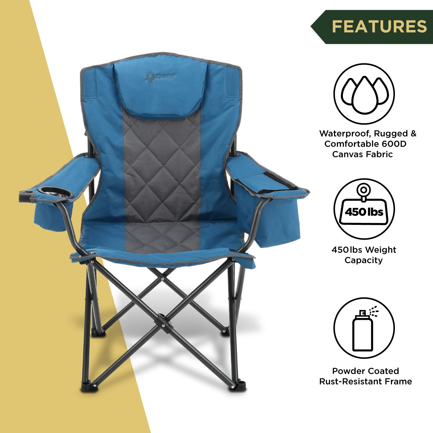 ARROWHEAD OUTDOOR Portable Folding Camping Quad Chair w/ 6-Can Cooler, Cup & Wine Glass Holders, Heavy-Duty Carrying Bag, Padded Armrests, Headrest, Supports up to 450lbs, USA-Based Support (Blue) - image 3 of 6