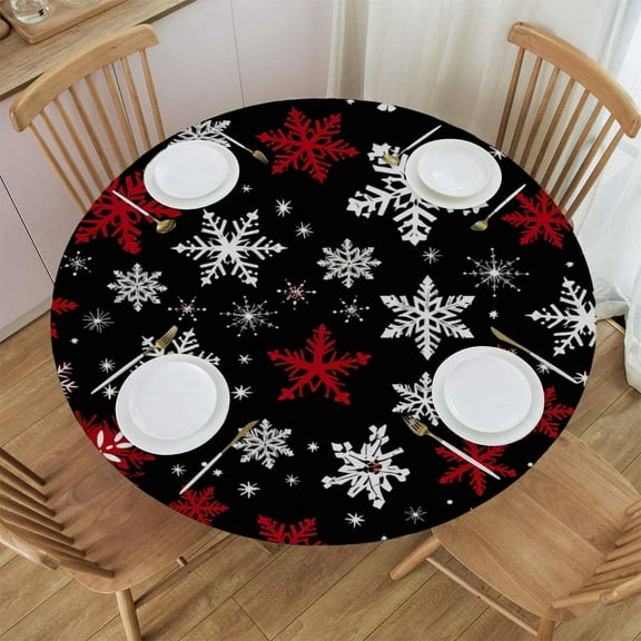 Round Fitted Tablecloth, Snowflakes Christmas Red Black Elastic Edged Round Table Cover, Wipeable Outdoor Table Cloth for Kitchen Dining Tabletop, 40-44 Inch in Diameter