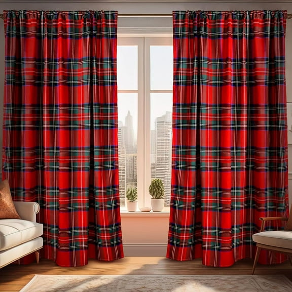 Christmas Red Plaid Curtains 52" w x 84" L Red Tartan Plaid Curtain Farmhouse Xmas Window Drapes for Living Room Bathroom Home Decoration