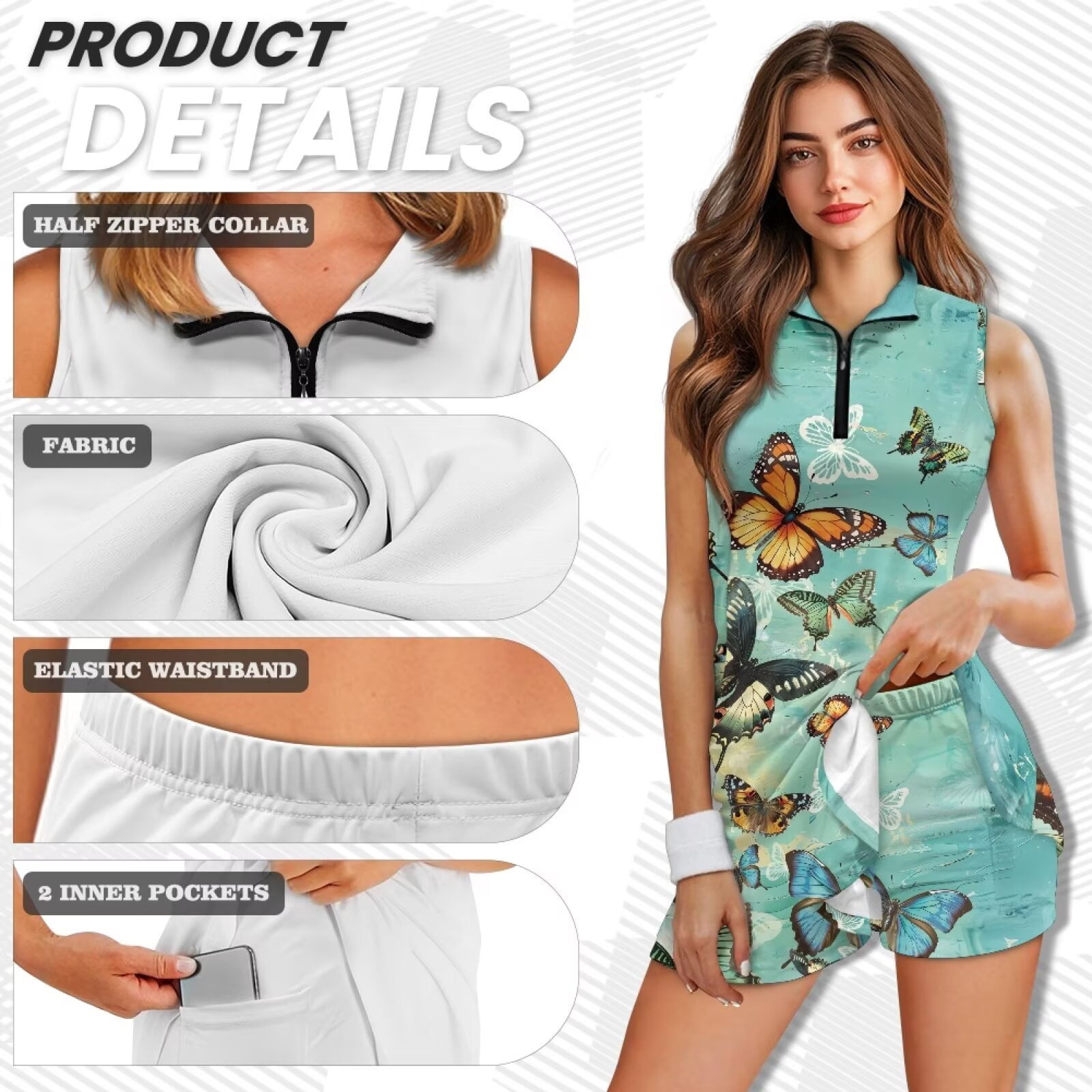 Yuyamidu Butterfly Womens Tennis Dress Breathable Workout Athletic Dresses Size XS Anti Wrinkle Workout Exercise Athletic Dress with Pockets Shorts Golf Outfit