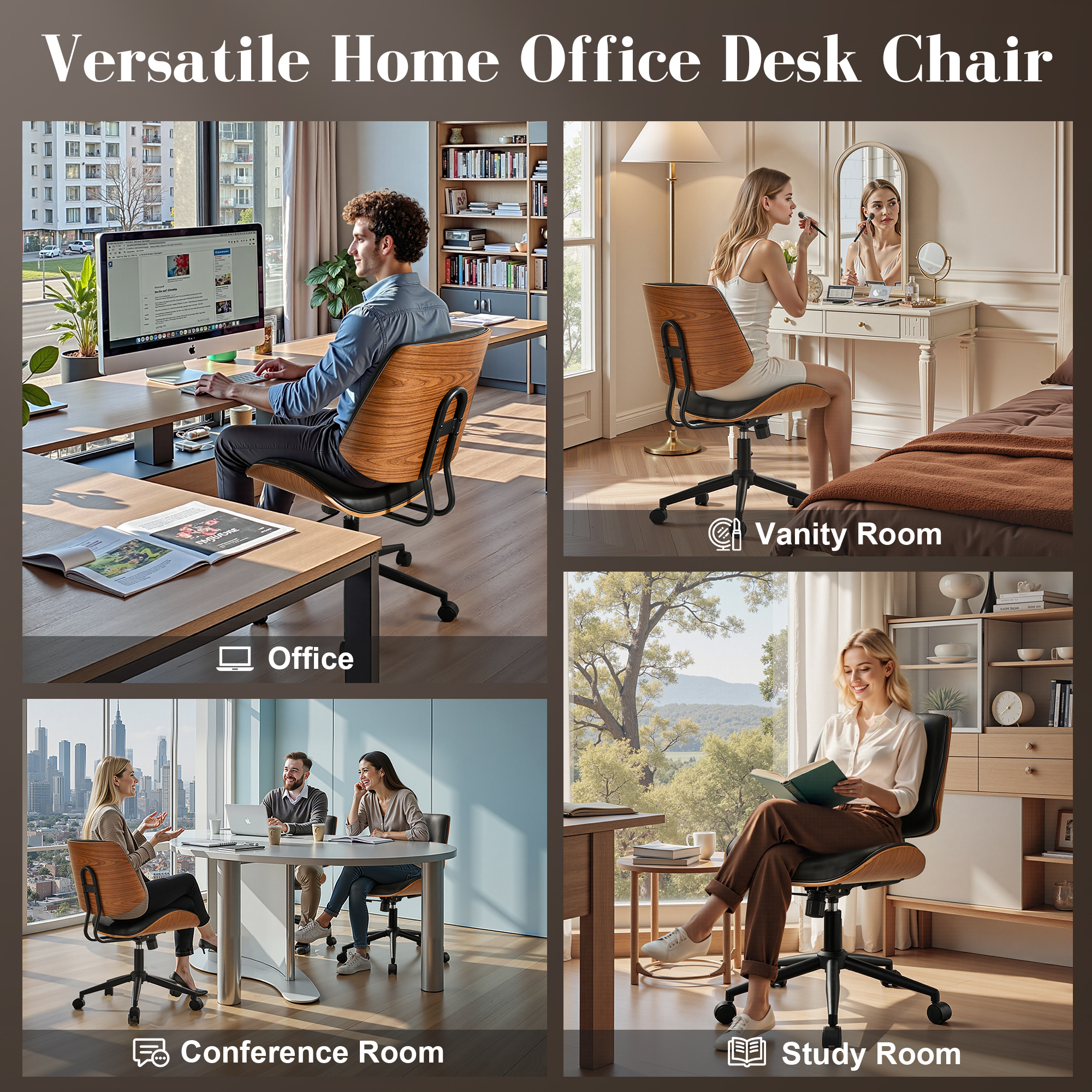 Toject Office Chair, Task Chair with Wooden Back, Mid-Century Modern Computer Chair, Armless Desk Chair for Home Office, Black