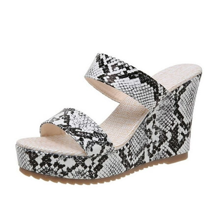 

tranfacy Summer Wedges Women s New Plus-size Wedge Fish Mouth Snake Print Platform High-heeled One-line Sandals