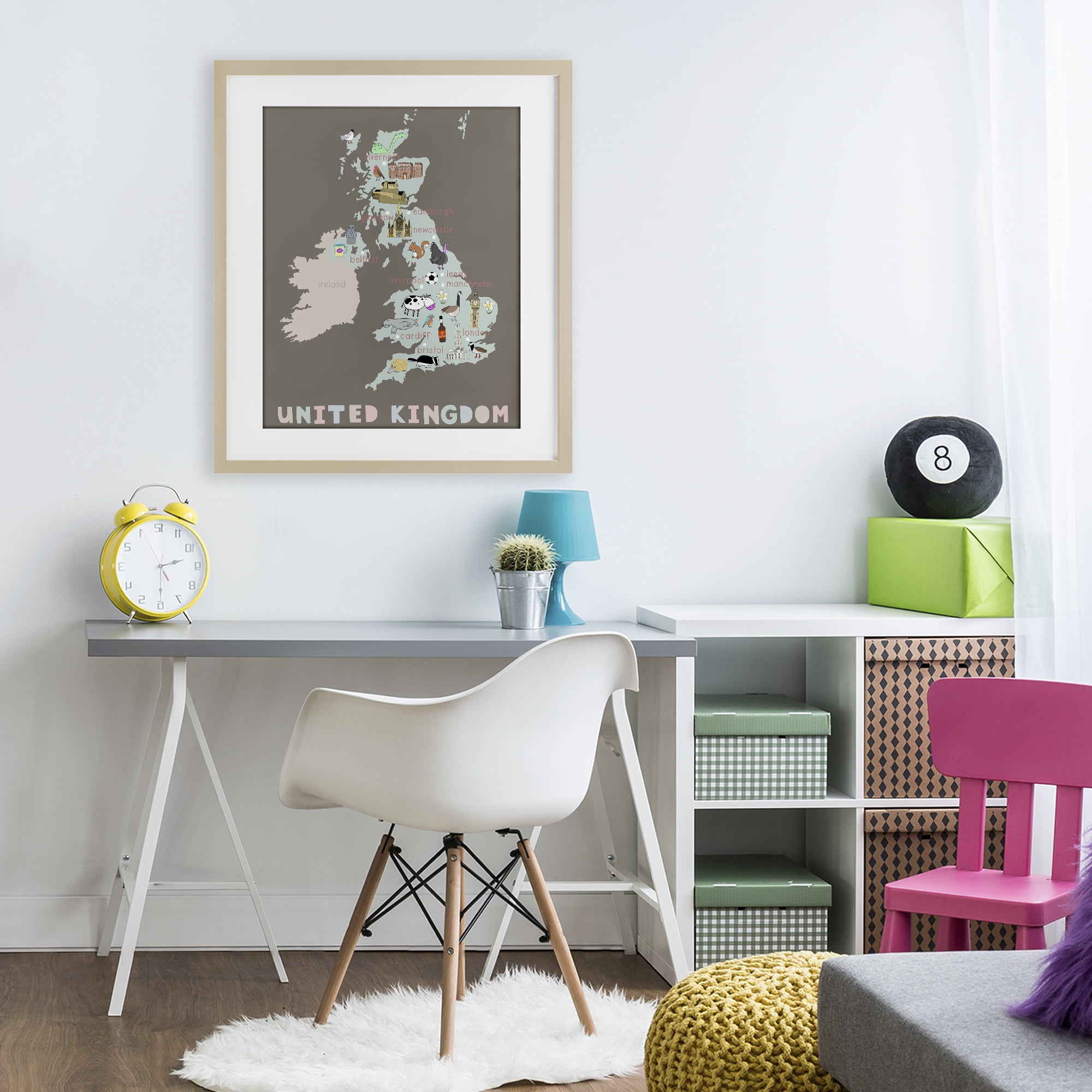 Kid's Map of United Kingdom Birch Framed Print Under Glass, design by Carla Daly