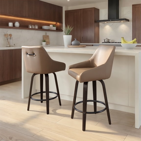 Hannah 26" Transitional Fixed-Height Counter Stool with Swivel in Walnut Glazed Wood and Brown Faux Leather with Round Black Metal Footrest by LumiSource - Set of 2