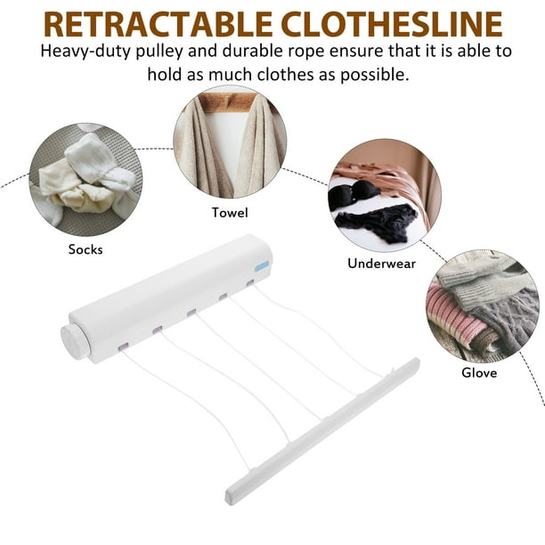 Retractable Clothesline 5-Line Clothes Drying Rack Portable Laundry Dryer  with Integrated Hooks for Indoor and Outdoor Use(Random Color) 