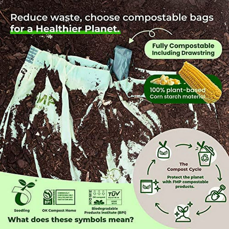GREENER WALKER 100% Compostable Trash Bags, 1.6 Gallon-150Bags, ASTM D6400  BPI Biodegradable Food Kitchen