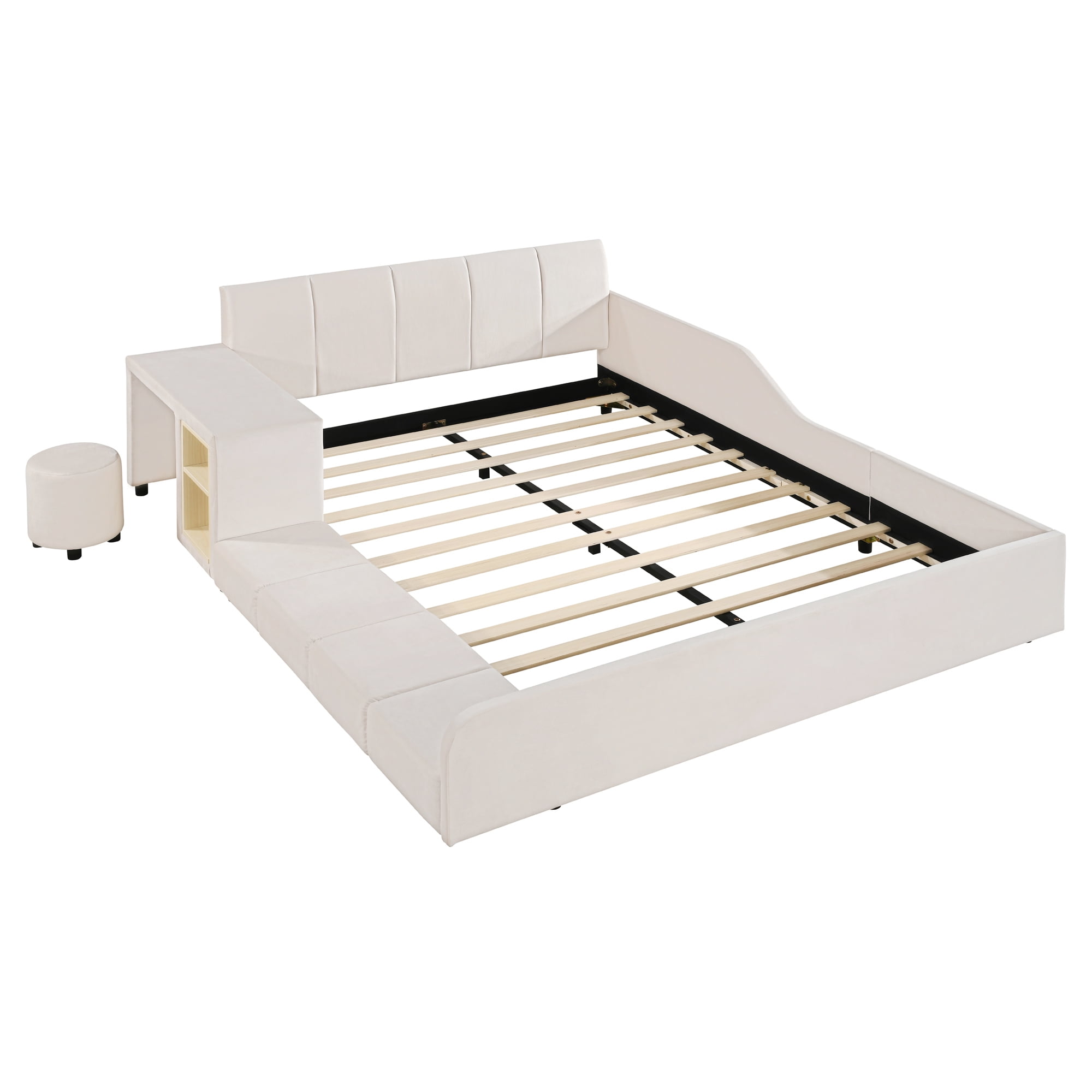 Aukfa Full Size Mother & Child Bed Frame, Velvet Upholstered Platform Bed with Bedside Desk & Stool, Grounded Design, Beige