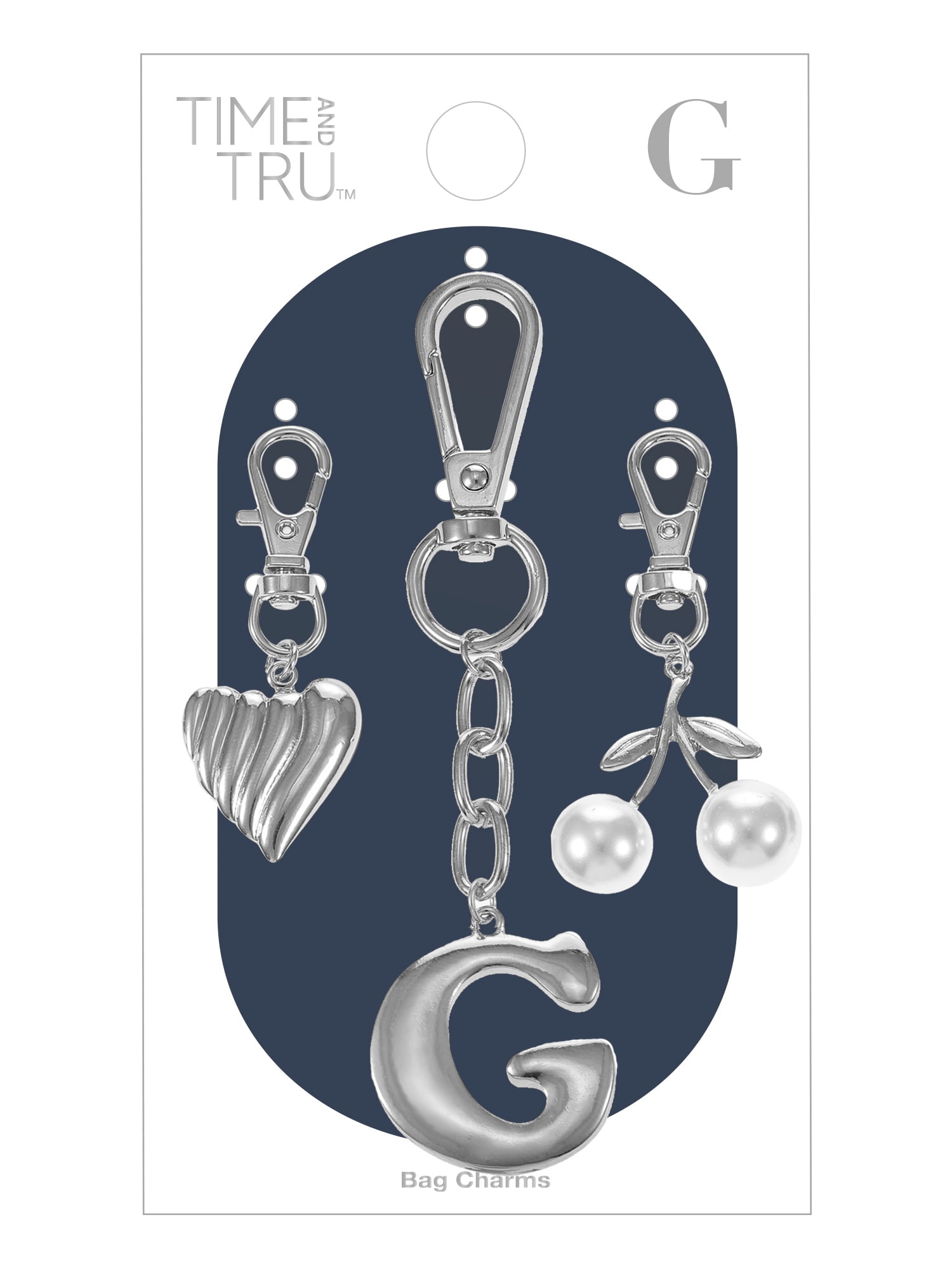Time and Tru Silvertone Initial Letter Bag Charm Set, 3 Pieces, Letter G