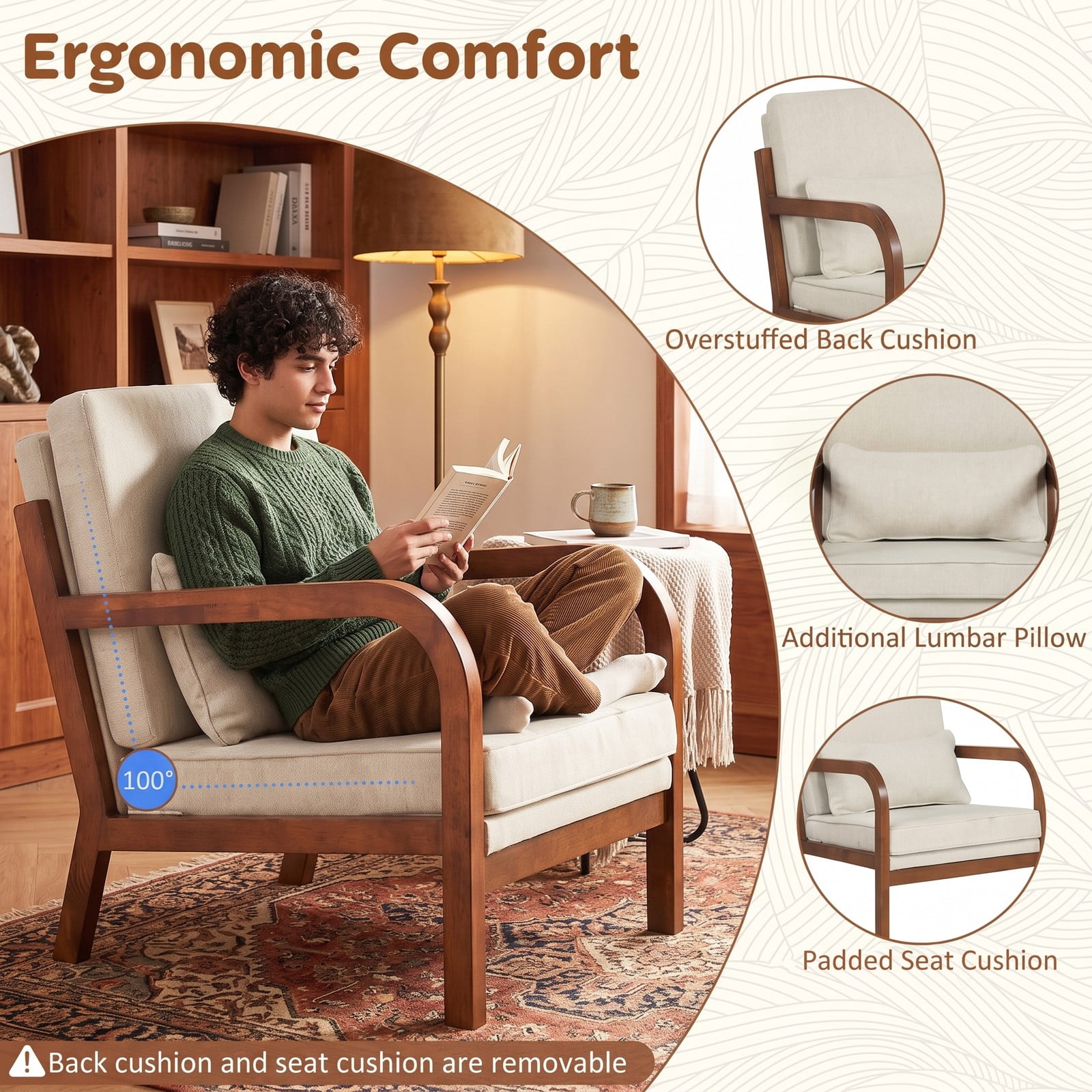 Furnibear Modern Accent Chair, Faux Leather Linen Fabric Upholstered Armchair with Removable Lumbar Pillow, Rubber Wood Frame Single Sofa Chair for Living Room, White