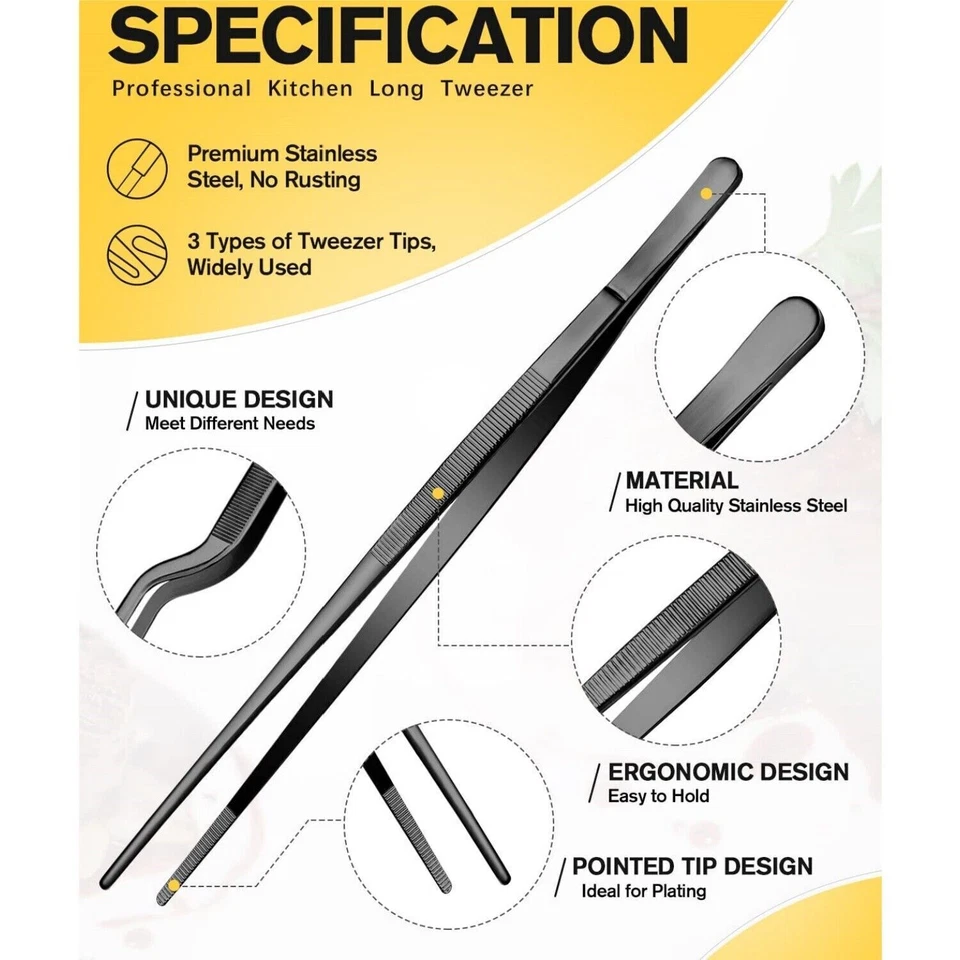 CIRCLE- Fine Cooking Tweezers Set,Professional Stainless Steel Food Tongs,Kitchen Black