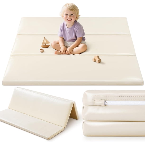 Alfombra de juego de espuma para bebé: piel sintética impermeable para niños, alfombrilla de juego para el suelo, alfombrilla gruesa para parque l, colchón acolchado (beige-Faltbale)