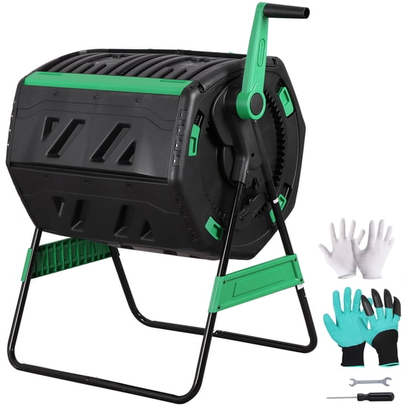 ZENSTYLE 53-Gallon Compost Bin Dual Chamber Garden Compost Bin Rotating Tumbler for Fast Organic Recycling with Gloves