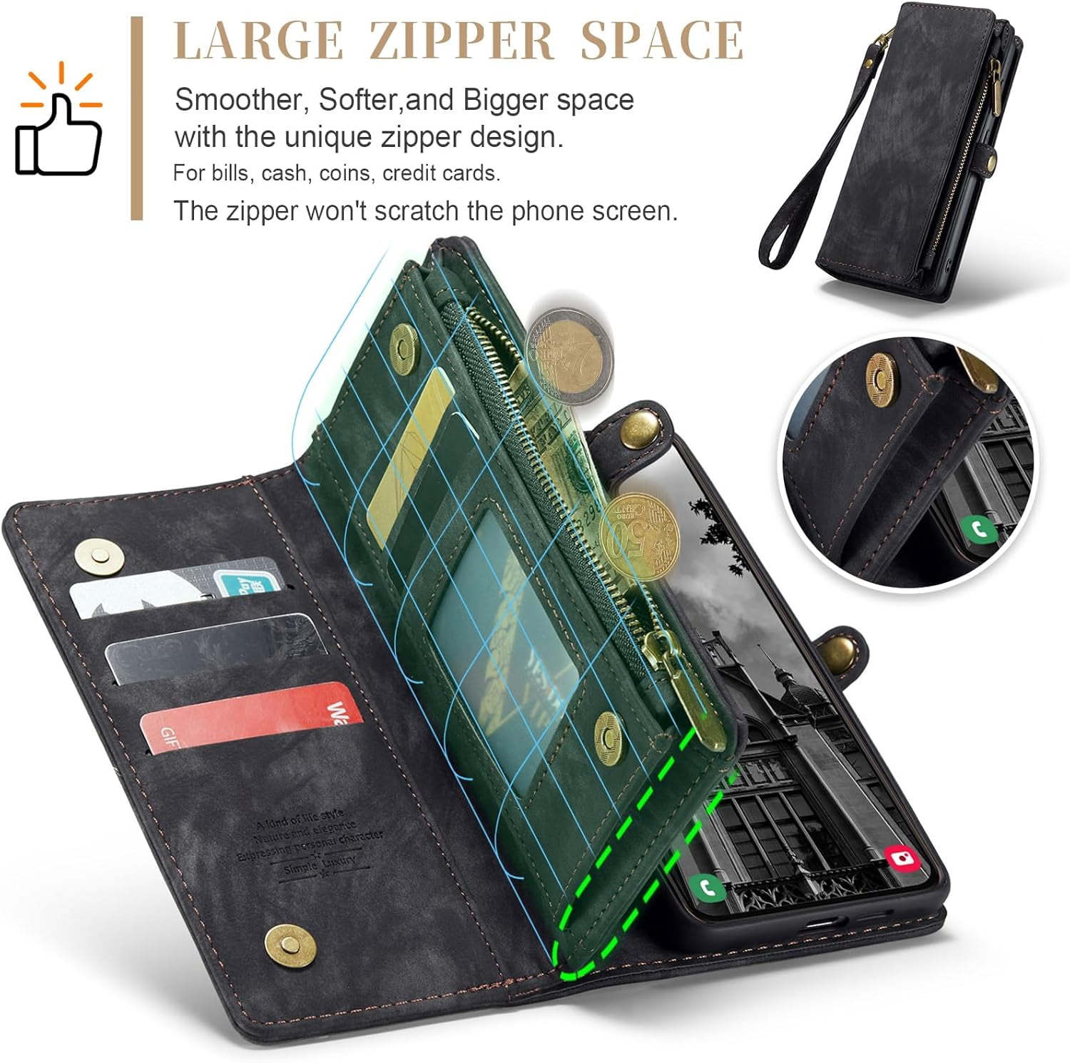 Phone Case for Samsung Galaxy S24 5G Zipper Wallet Detachable Cover with Tempered Glass Screen Protector and Leather Flip Credit Card Holder Cell Accessories S 24 24S GS24 G5 Women Men Black