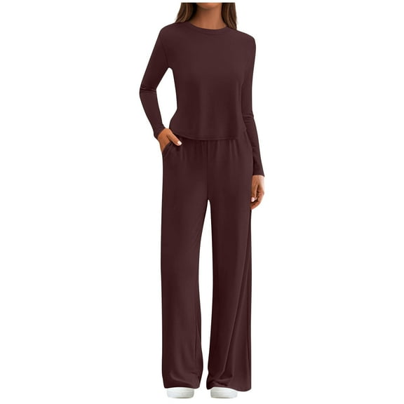 FNFYFH Women's 2 Piece Fleece Sweatsuit Outfit Long Sleeve Crewneck Pullover Sweatshirt Wide Leg Sweatpants Lounge Set