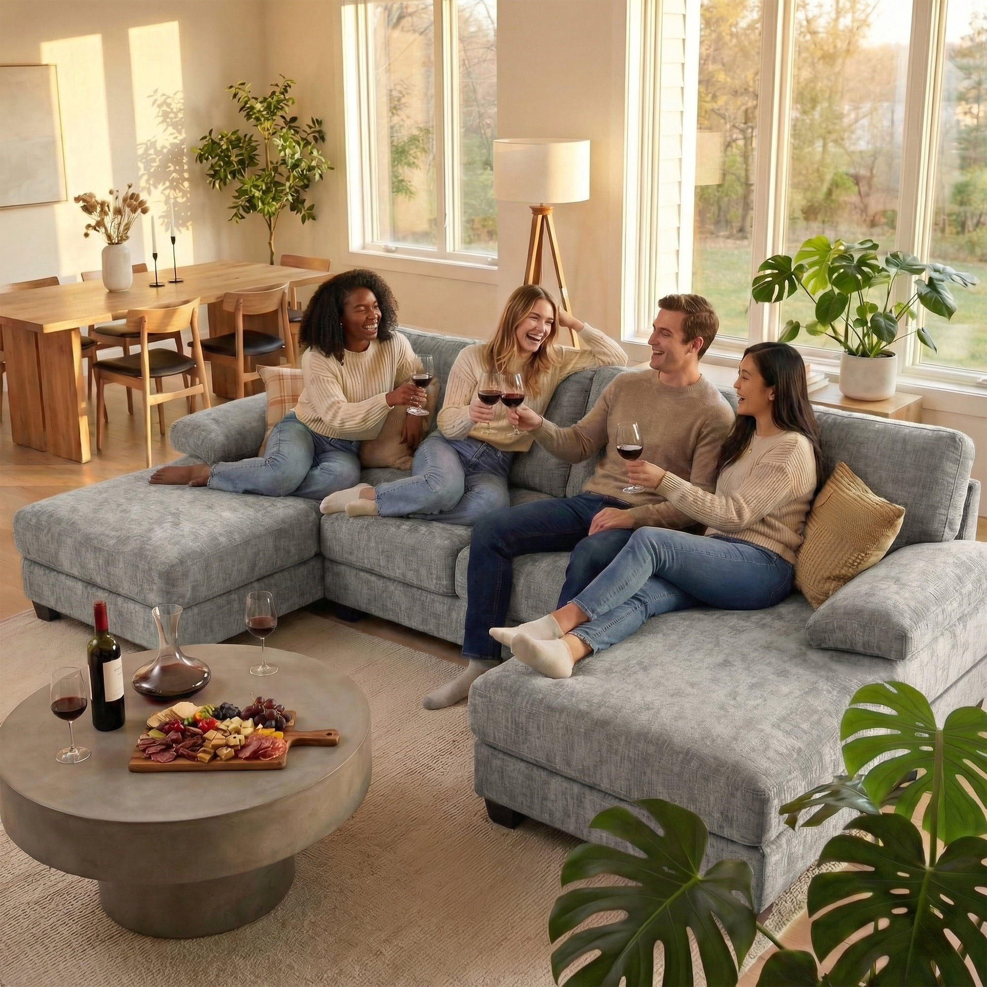 Vineego U-Shaped Sectional Sofa with Double Chaise 4-Seat Modular Sofa Couch for Living Room,Chenille Gray