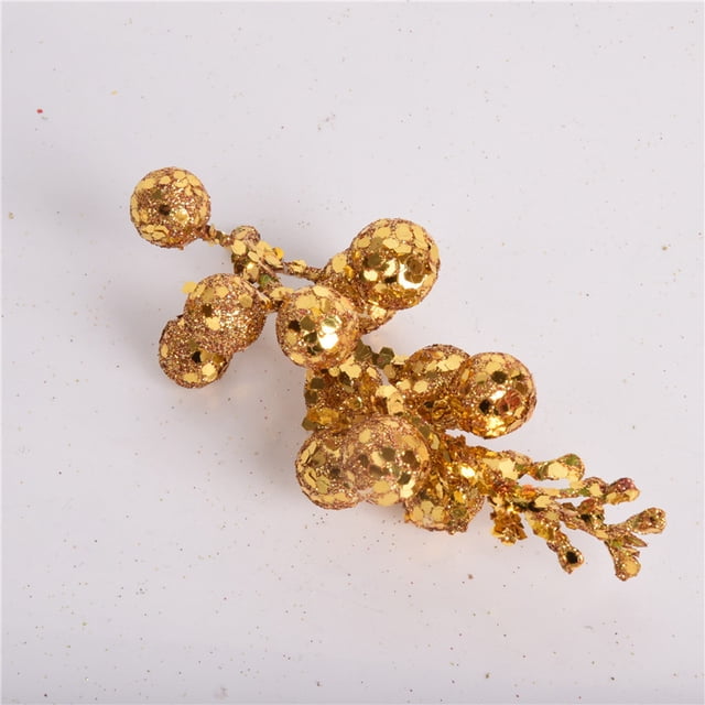 Tallos de bayas con purpurina navideña, púas navideñas artificiales para adornos de árboles de Navidad, coronas navideñas de bricolaje, manualidades, decoración navideña y del hogar, dorado