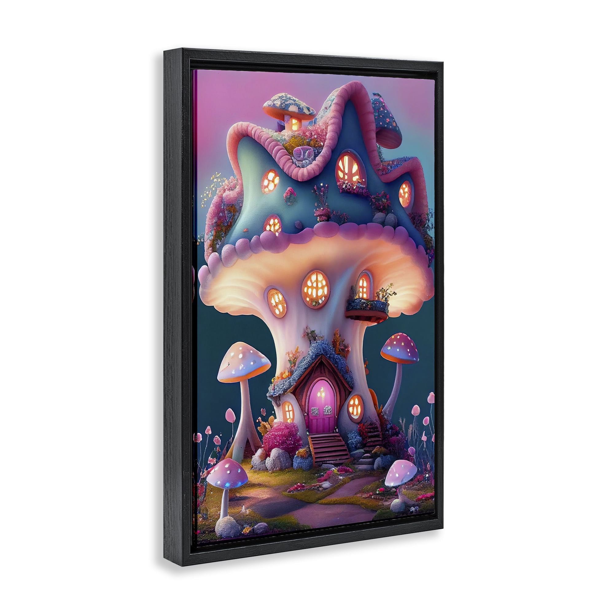 Stupell Industries Mushroom Cottage House Town & City Painting Black Floater Framed Art Print Wall Art, 17 x 25