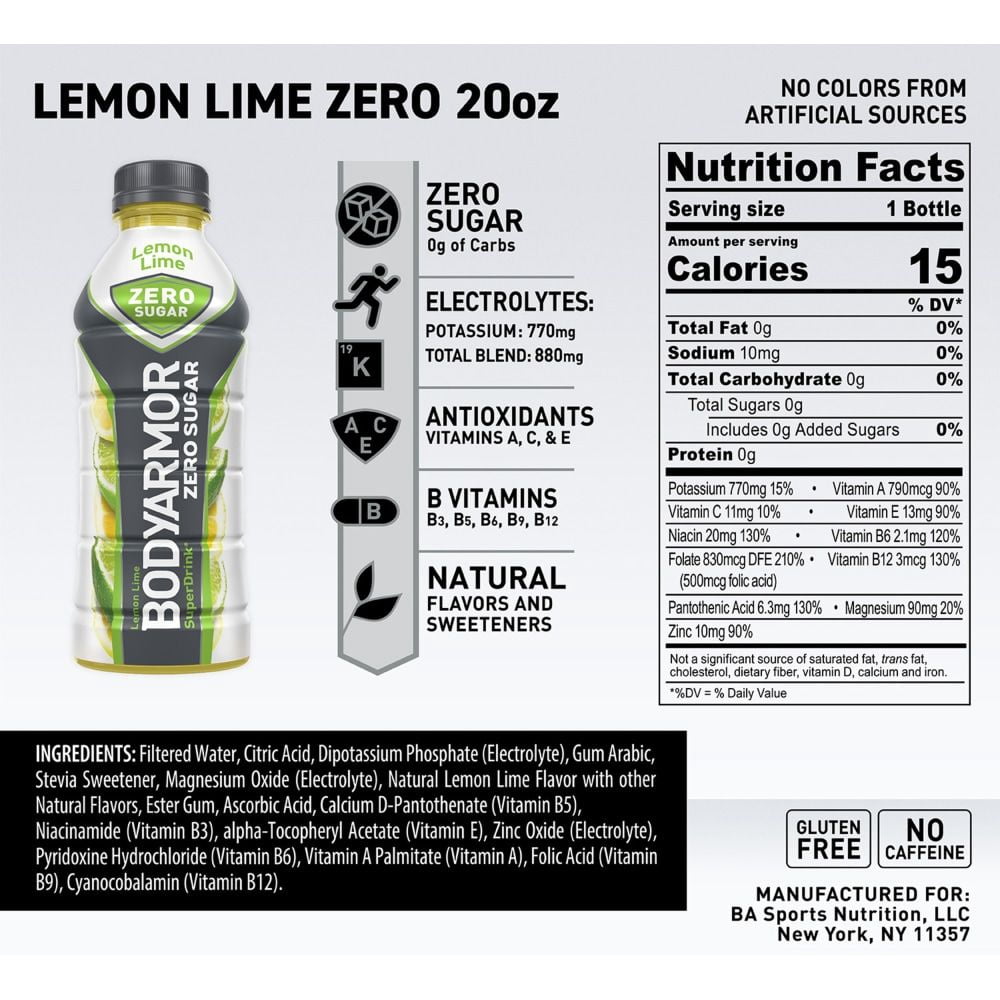 BODYARMOR Lemon Lime Zero Sugar Sports Drink Bottles 6 bottles / 20 fl oz - Pack of 2