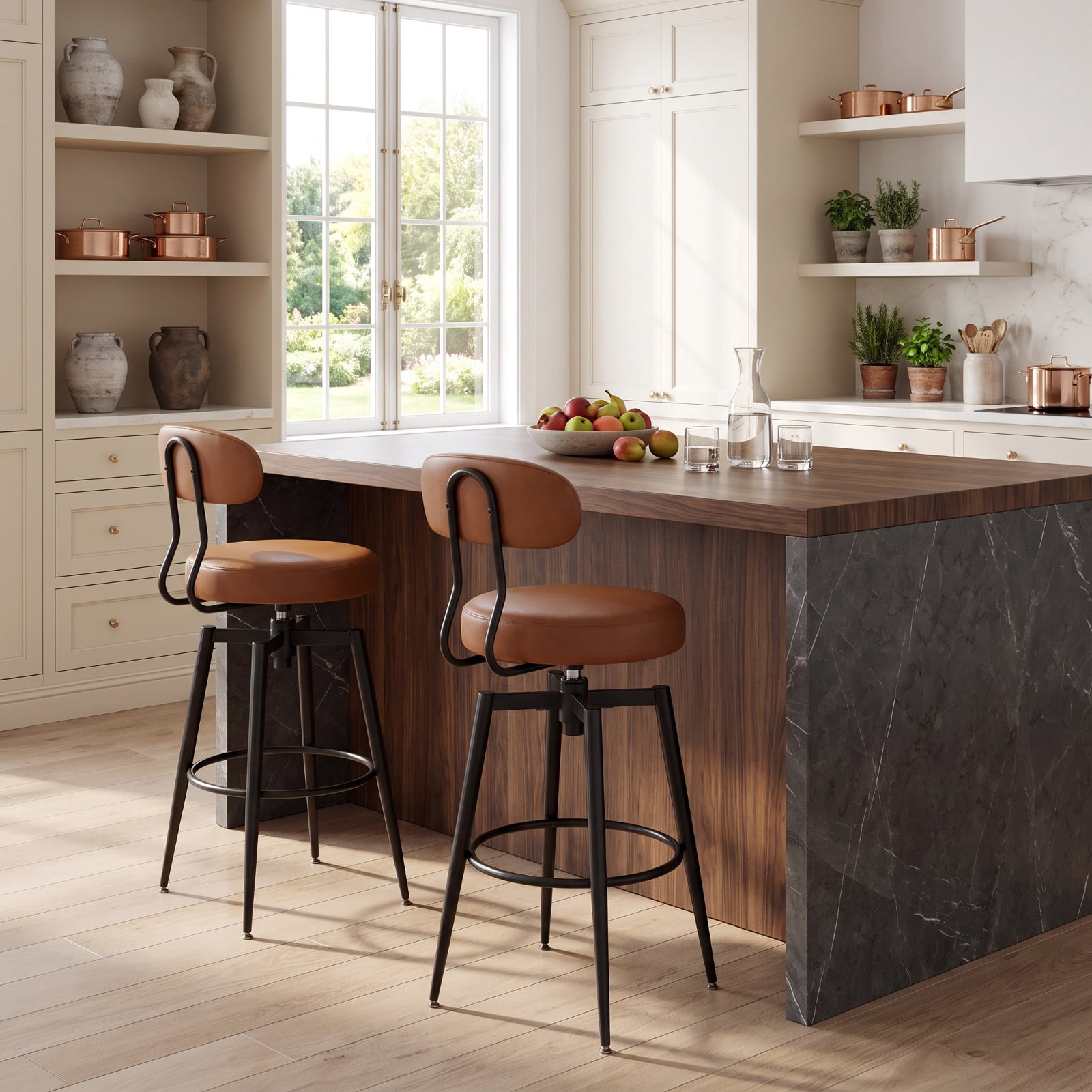 Furnibear Set of 2 Swivel Barstools Faux Leather with Upholstered Seat and Back for Kitchen Island Counter Bar Pub Dining Home, Brown
