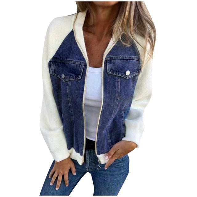 Veste Patchwork en Denim pour Femmes 2024 Automne Hiver, Mode Décontractée, Épaules, Manches, Manteau d'Extérieur Usé