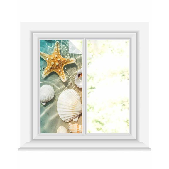 Window Privacy Film Ocean Shell Stained Glass Window Film Decorative Sun Block Window Cover Beach Starfish Sea Water Sand Shore Window Clings Static Adhesive Sticker for Bathroom 19.6"x39.3"
