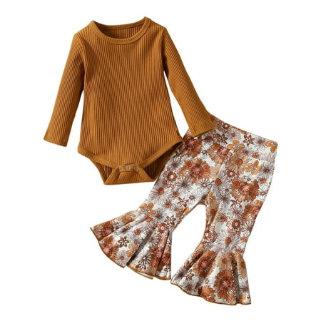 

kpoplk Toddler Outfits For Girls Toddler Kids Baby Girls Ruffle Fly Long Sleeve Tops Romper + Leopard Ripped Denim Pants Outfits Sets(Brown)
