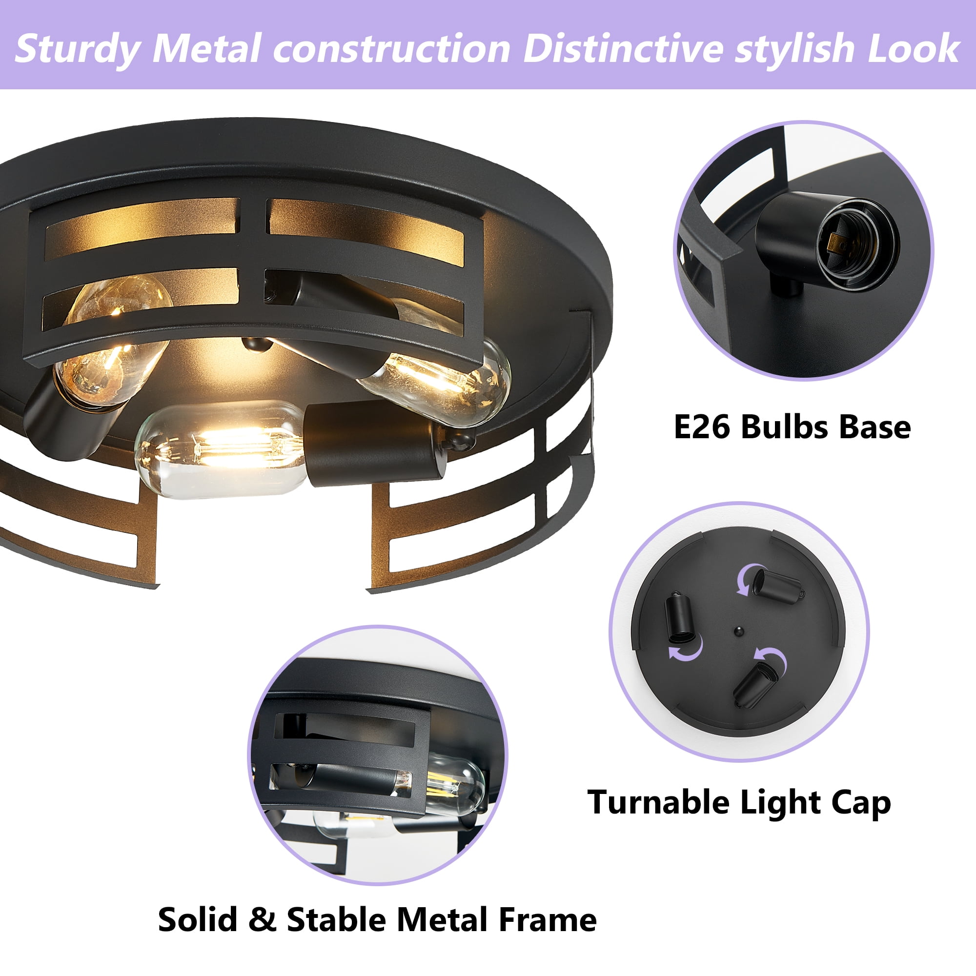 GCGAFUL 12.5 inch 3-Light Vintage Farmhouse Flush Mount Ceiling Light, 2-Pack Matte Black Ceiling Lighting for Kitchen, Hallway, Bedroom