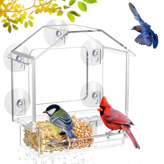 NIUBEE Window Bird Feeders for Outdoors, Acrylic Bird Feeder with 5 Strong Suction Cups, Easy Clean Removable Tray with Drain Holes, Outdoor Bird Watching Gift for Bird Lovers, Clear