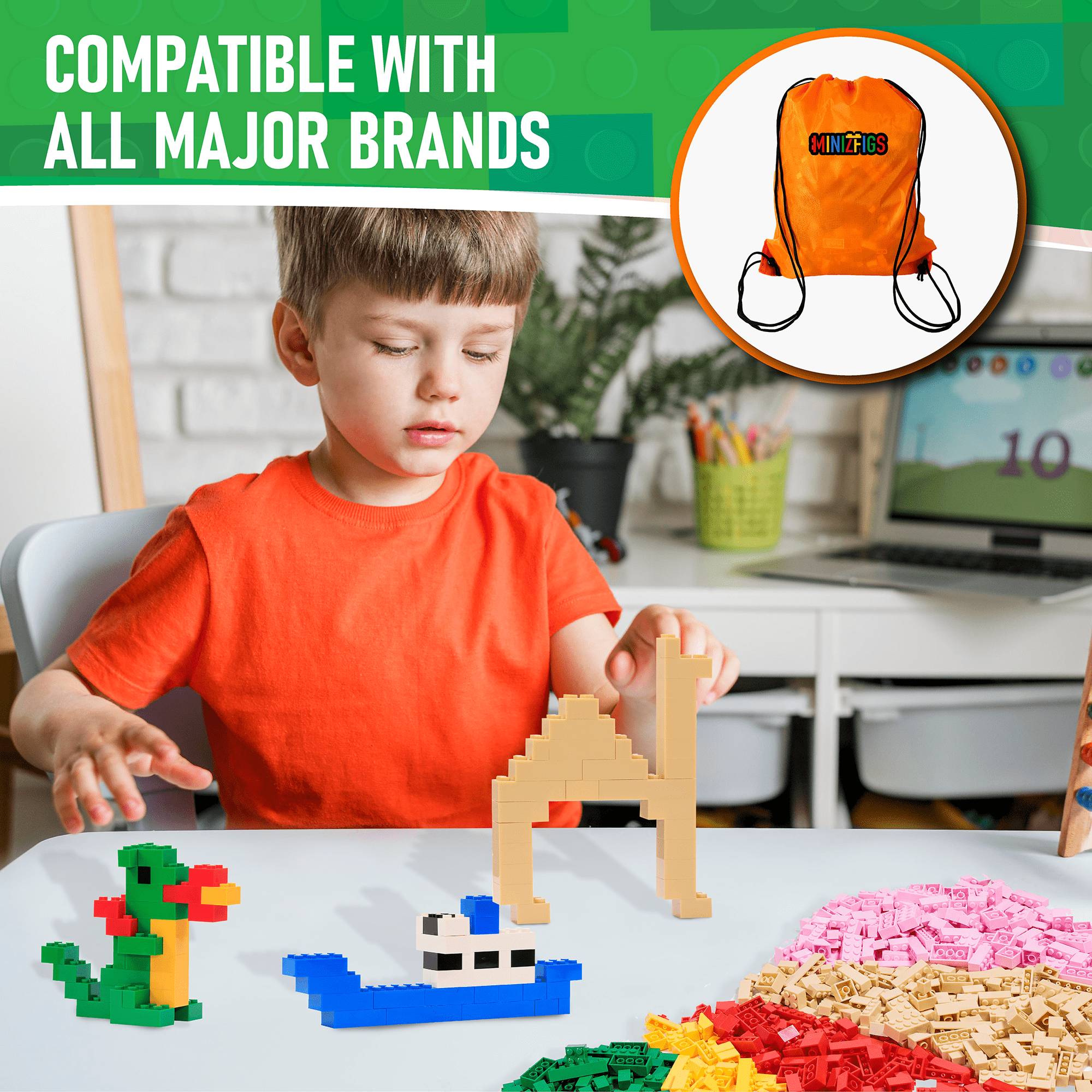 Minizfigs 1850 PCS Classic Building Brick Set | 4.6 Pounds | Creative Bulk Assortment Basic Toy Building Blocks for Kids, 11 Colors, 100% Compatible with All Major Brands | Bonus Storage Bag