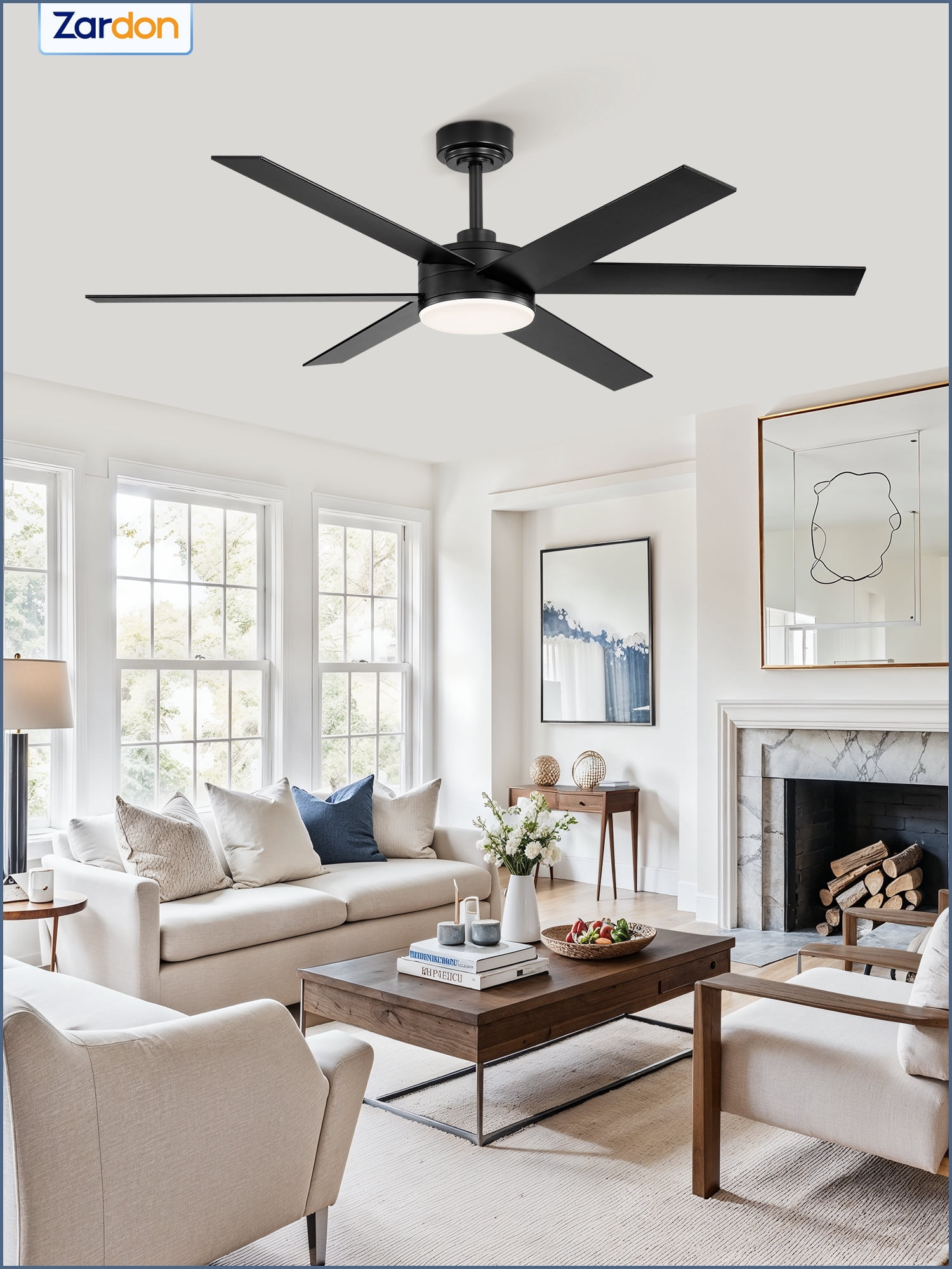 Zardon 56in Ceiling Fans with Light and Remote Control, 6 Speeds Reversible, for Indoor Outdoor, Black