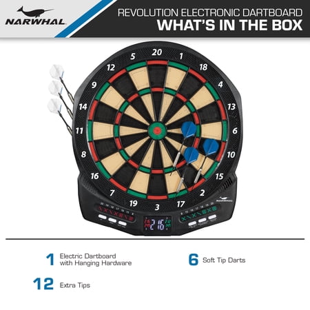 NARWHAL REVOLUTION ELECTRONIC DARTBOARD WITH 30 GAMES, CRICKET SCORING AND 6 PLASTIC TIP DARTS