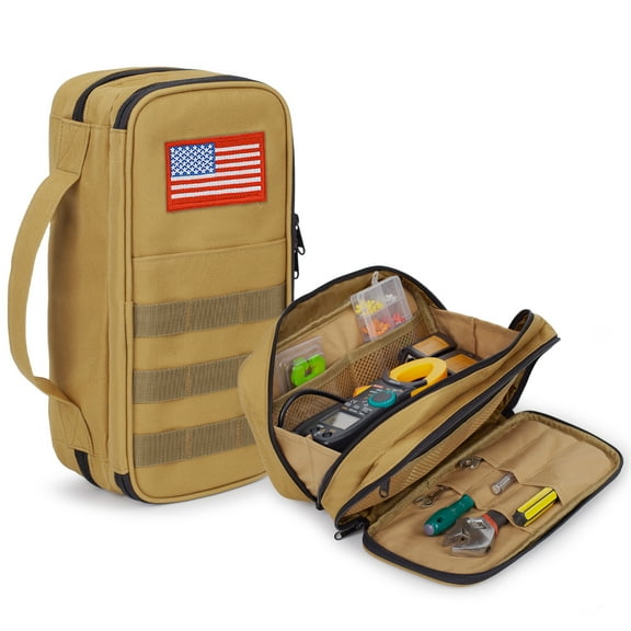 2 Compartments Tool Bag Organizer 12.5" with Webbing and Zippers, Heavy Duty Portable Utility Tool Pouch Wide Mouth, Water Resistant, EDC Case for Mechanics, Electricians, Motorcycle(Brown)