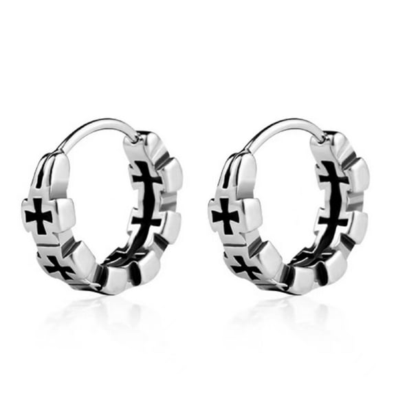 Silver Small Cross Hoop Earrings for Men Women, Stainless Steel Christian Earrings, Gift