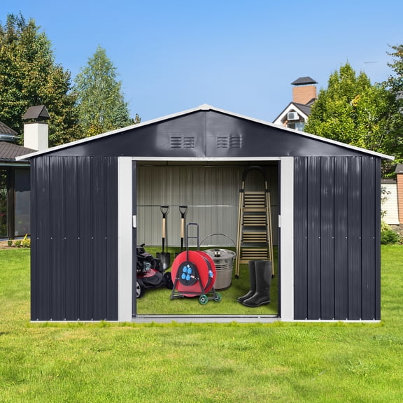 11ft x 10ft Large Metal Garden Shed with Window & Sliding Door Galvanized Steel Outdoor Storage Shed for Lawn Mower, Tools & Bike Backyard, Patio, Poolside, Grey